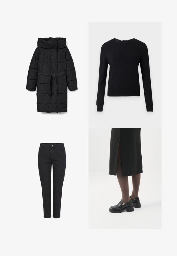 Schwarzer, gesteppter Steppmantel in mittlerer Länge mit weitem Kragen und tailliertem Gürtel. Verfügt über eine glatte, matte Textur und schräge Nähte.; Schwarzer Pullover mit langen Ärmeln und Rundhalsausschnitt, mit gerippten Bündchen und Saum, vor einem schlichten hellgrauen Hintergrund dargestellt.; Schwarze Jeans aus Denim mit geradem BeinDesign, ausgestattet mit einem vorderen Knopfverschluss, fünf Taschen und einer schlichten, strukturierten Oberfläche.; Frau trägt schwarze Loafers mit klobigem Absatz, schwarze transparente Strumpfhosen und einen schwarzen Rock mit Schlitz hinten vor weißem Hintergrund.
