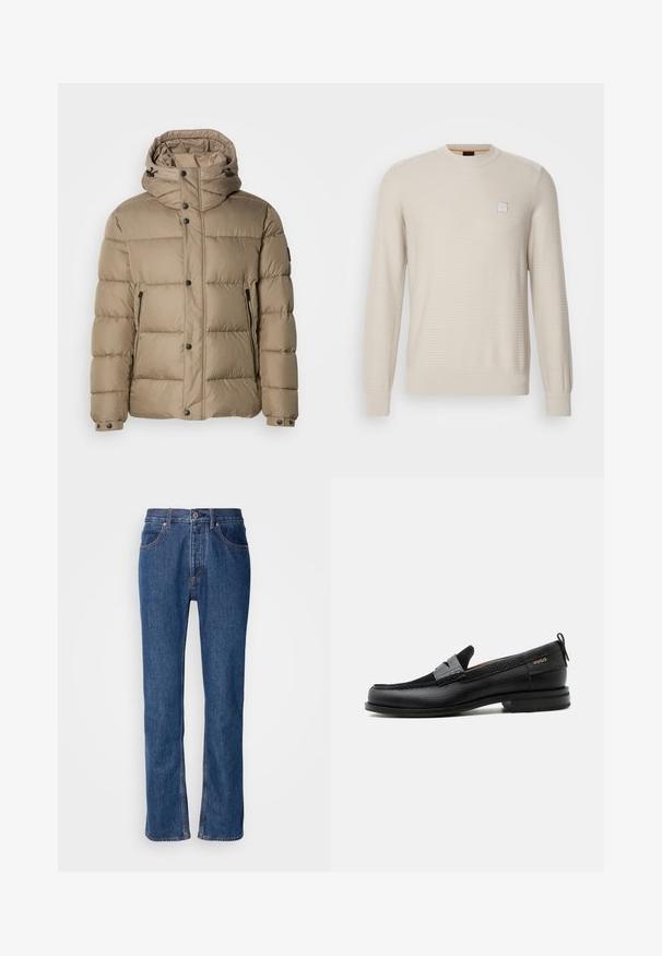 Veste matelassée beige avec capuche, dotée de sections matelassées, de boutons sur le devant et de poches zippées. Texture lisse et design décontracté.; Pull beige clair en tissu texturé. Présente un col rond, des manches longues et un petit logo carré sur la poitrine.; Jean en denim bleu avec une coupe droite, un design à cinq poches et des coutures claires. Comprend une braguette zippée et une fermeture à bouton à l'avant.; Mocassin en cuir noir avec détail de bride grise, talon bas et semelle texturée, marqué "HUGO" en or sur le côté.