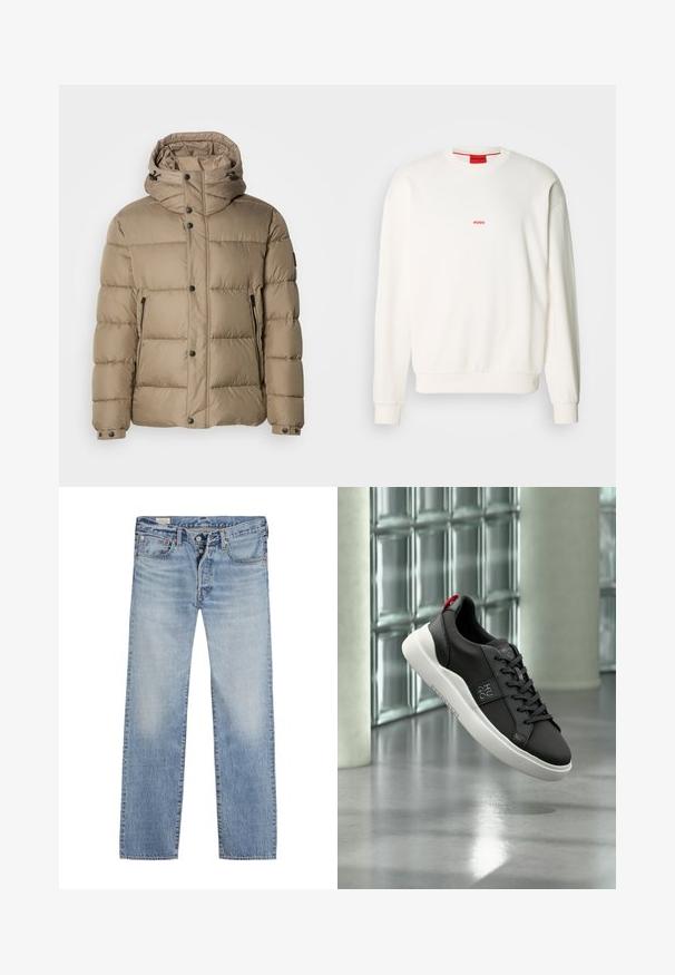 Beige Daunenjacke mit Kapuze, ausgestattet mit gesteppten Abschnitten, Frontknöpfen und Reißverschlusstaschen. Glatte Textur und lässiges Design.; Weißes Sweatshirt aus weichem Stoff, mit Rundhalsausschnitt, langen Ärmeln und einem kleinen roten "HUGO"-Logo auf der Brust.; Helle blaue Jeans mit geradem Bein, ausgestattet mit einem Knopfverschluss, einem Fünf-Taschen-Design und einem ausgewaschenen Effekt an den Oberschenkeln.; Schwarzer Sneaker mit weißer Sohle und rotem Fersenlasche, mit dem „HUGO“-Logo an der Seite, schwebt über poliertem Betonboden mit einer Glasbausteinwand im Hintergrund.