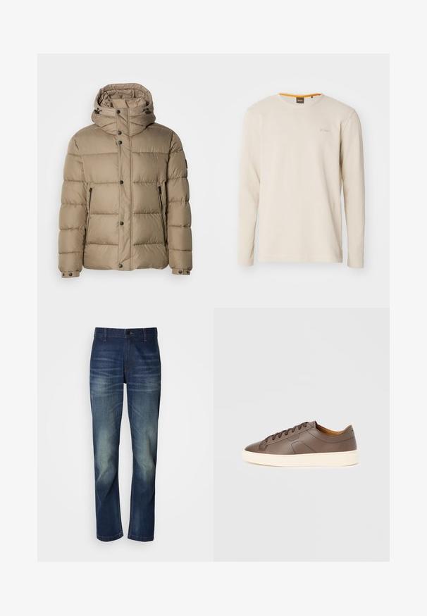 Beige Daunenjacke mit Kapuze, ausgestattet mit gesteppten Abschnitten, Frontknöpfen und Reißverschlusstaschen. Glatte Textur und lässiges Design.; Helles beige Langarm-T-Shirt aus strukturiertem Stoff. Mit Rundhalsausschnitt und einem kleinen Logo auf der Brust, das einen orangefarbenen Akzent im Kragen aufweist.; Dunkelblaue Jeans aus Denim mit geradem Bein, vorne mit Ausbleichungen, Knopfleiste und dem klassischen Fünf-Taschen-Design.; Brauner Ledersneaker mit glatter Textur, kontrastierender cremefarbener Sohle, rundem Zehenbereich und dunkelbraunen Schnürsenkeln; mit dezentem, geprägtem Logo.