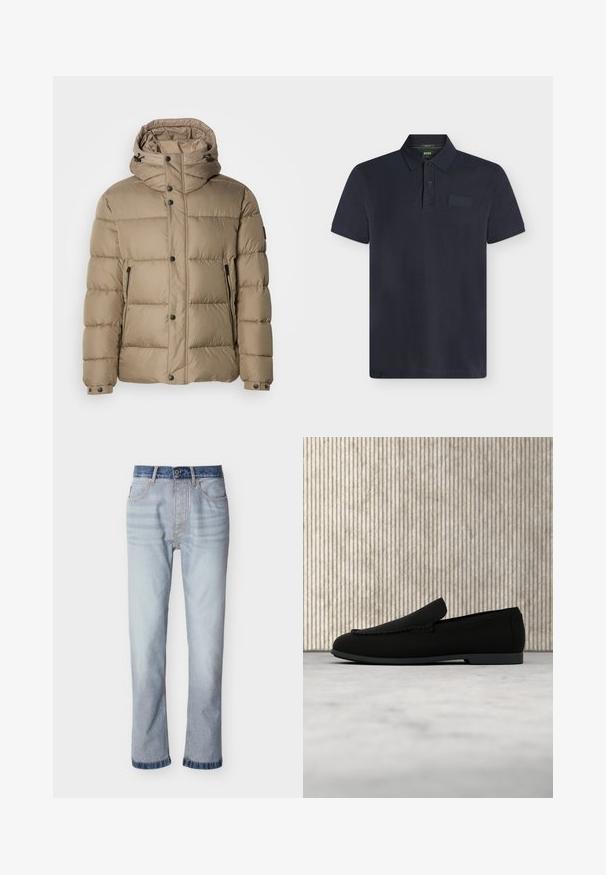 Beige Daunenjacke mit Kapuze, ausgestattet mit gesteppten Abschnitten, Frontknöpfen und Reißverschlusstaschen. Glatte Textur und lässiges Design.; Schwarzes kurzärmeliges Polohemd mit geripptem Kragen, Zwei-Knopf-Leiste und einem dezent eingeprägten Logo auf der linken Brust.; Hellblaue Jeans aus Denim mit einem dunkelblauen Bund, geradem Beinverlauf, fünf Taschen und sichtbaren Nahtdetails.; Schwarzer Slip-On-Loafer schwebt über einem hellen Teppich mit einem geschwungenen, bernsteinbraunen modernen Tisch im Hintergrund.