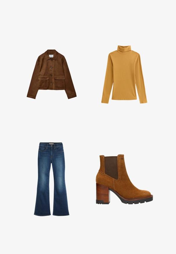 Veste en daim marron à boutons, col pointu, manches longues et deux poches à rabat sur le devant, sur fond blanc.; Haut à col roulé jaune moutarde en tissu côtelé, présentant des manches longues et une coupe ajustée. Texture lisse avec un col montant.; Jean en denim bleu foncé avec jambes évasées, style cinq poches, fermeture par boutons et légère décoloration au niveau des cuisses.; Bottine en daim marron avec un talon en bois épais marron, des panneaux latéraux élastiques et des coutures contrastantes, présentant un bout arrondi et une semelle texturée.