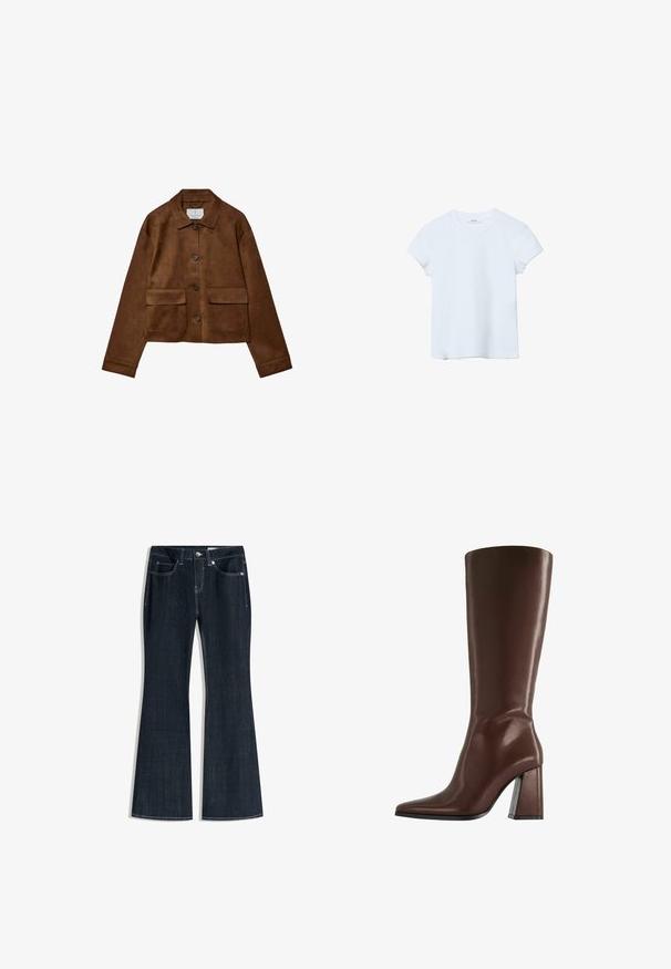Veste en daim marron à boutons, col pointu, manches longues et deux poches à rabat sur le devant, sur fond blanc.; T-shirt uni bleu clair à manches courtes et col rond, étalé à plat sur un fond blanc.; Jean en denim bleu foncé à taille haute, poches avant, fermeture par boutons et zip, et jambes évasées.; Botte en cuir marron montant jusqu'au genou, avec bout pointu et talon épais de hauteur moyenne, vue de profil sur fond blanc.