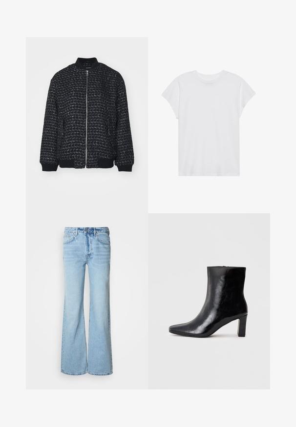 Veste bomber noire avec un motif tissé texturé, des accents en fil argenté, des poignets et un col côtelés, fermeture éclair à l'avant.; T-shirt blanc à manches courtes, col rond, coupe décontractée, en tissu de coton doux. Texture lisse, sans motifs ni logos.; Jean bleu clair avec une coupe pattes d'éléphant, fabriqué en denim, doté d'une fermeture à bouton sur le devant, cinq poches, et un léger effet délavé.; Bottine noire en cuir brillant, avec un bout pointu et un talon carré moyen, présentant une texture lisse et un design simple.