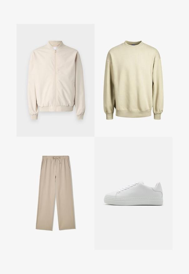 Veste bomber beige avec une fermeture éclair à l'avant, col et poignets côtelés, tissu lisse et poches latérales. Design simple avec une coupe décontractée.; Sweatshirt beige avec un col rond, des manches longues et des poignets côtelés. Tissu doux avec une coupe décontractée et un design minimaliste.; Pantalon beige à jambes larges avec taille élastique et cordon de serrage, doté de poches latérales, posé à plat sur fond blanc.; Baskets en cuir blanc avec une semelle plateforme imposante, bout rond et six œillets. Texture lisse avec de subtiles détails de couture.