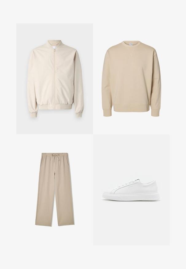 Veste bomber beige avec une fermeture éclair à l'avant, col et poignets côtelés, tissu lisse et poches latérales. Design simple avec une coupe décontractée.; Sweat-shirt beige à col rond, manches longues, poignets et ourlet côtelés, avec un petit détail en V cousu sous le col.; Pantalon beige à jambes larges avec taille élastique et cordon de serrage, doté de poches latérales, posé à plat sur fond blanc.; Baskets blanches en matériau synthétique lisse. Dotées d'un design basse, d'une semelle blanche surélevée, d'un embout arrondi et d'un système de laçage à l'avant avec cinq œillets.