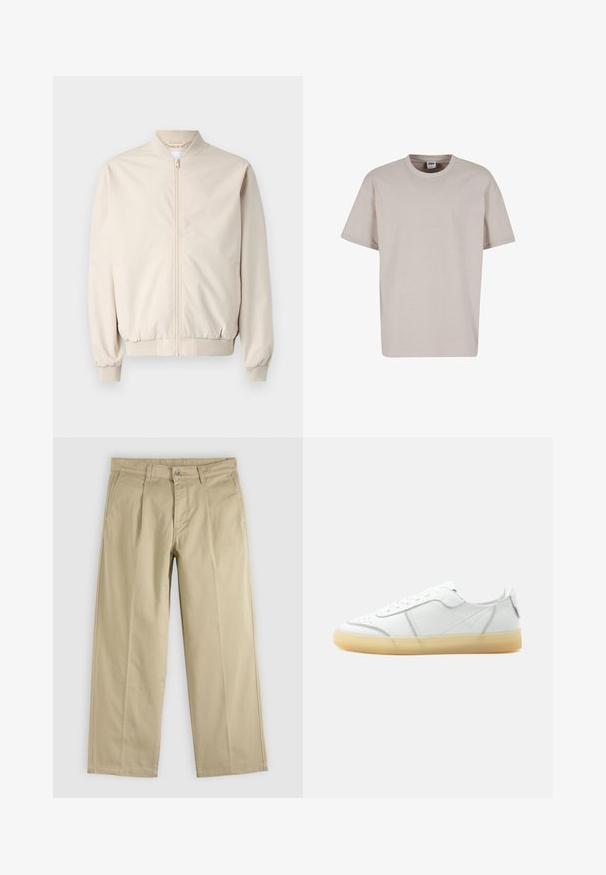 Veste bomber beige avec une fermeture éclair à l'avant, col et poignets côtelés, tissu lisse et poches latérales. Design simple avec une coupe décontractée.; Urban Classics CUFF TEE - T-shirt basique - cloud; Pantalon beige droit avec plis sur le devant, passants pour ceinture, poches latérales et fermeture par bouton à la taille.; Baskets basses en cuir blanc avec semelle beige translucide, lacets à l’avant et détails de couture minimalistes, vues de côté sur un fond uni.