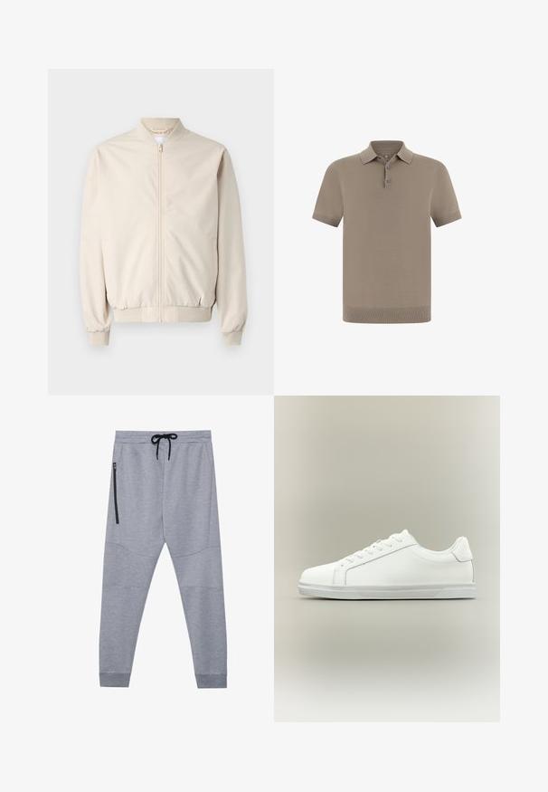 Veste bomber beige avec une fermeture éclair à l'avant, col et poignets côtelés, tissu lisse et poches latérales. Design simple avec une coupe décontractée.; Polo couleur taupe avec une finition texturée, manches courtes et col. Comprend une patte de boutonnage à trois boutons et des poignets côtelés.; Pantalons de jogging gris en tissu doux avec taille élastique à cordon, jambes fuselées et poche zippée sur le côté pour un rangement sécurisé.; Baskets blanches basses à lacets sur l'avant avec semelle en caoutchouc texturée, sur fond neutre uni.
