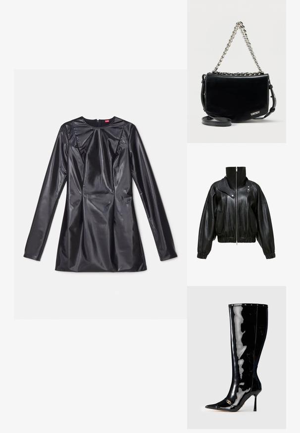 Veste en cuir noir avec un col montant, fermeture zippée et design cropped. Comprend des poches latérales et des poignets et un ourlet élastiqués.; 032c TRAPEZE TOO TIGHT MINI DRESS - Robe de soirée - black luster; Botte en cuir verni noir montant jusqu'au genou, avec un bout pointu, un talon aiguille et des détails en métal doré au niveau du bout. Texture lisse et brillante.; Sac bandoulière en cuir verni noir avec une bandoulière chaîne argentée et une bandoulière amovible, présentant un design simple et le logo DKNY.
