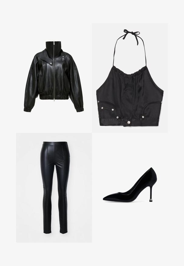 Čierna kožená bunda s vysokým golierom, zipsom a skráteným strihom. Má bočné vrecká a elastické manžety a lem.; Čierny saténový halter crop top s vrúbkovou textúrou, nastaviteľnou šnúrkou na krku, prednými gombíkmi a dvoma bočnými vreckami so striebornými kovovými akcentmi.; Čierne faux kožené nohavice s priliehavým strihom, ktoré majú na prednej strane švy a zipsy na členkových lemoch pre dodatočný štýl.; Čierna vysokolesklá lodička na vysokom opätku s ostrou špičkou a tenkým ihličkovým opätkom, na spodnej časti opätku s kovovým zakončením, na bielom pozadí.