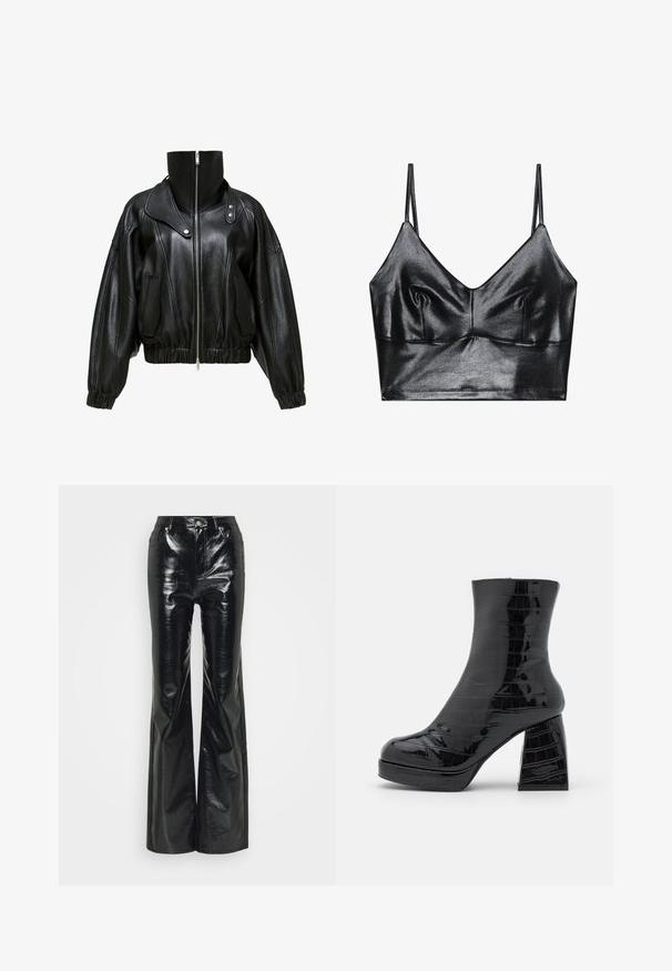 Veste en cuir noir avec un col montant, fermeture zippée et design cropped. Comprend des poches latérales et des poignets et un ourlet élastiqués.; Bralette noire et brillante avec des fines bretelles réglables, présentant un décolleté en V, une texture lisse et un léger plissé au niveau de la poitrine pour la forme.; Pantalons évasés en simili cuir noir avec une finition brillante, dotés d'une taille haute, de poches avant et de détails en métal argenté.; Even&Odd by Zalando Bottines à plateau - black