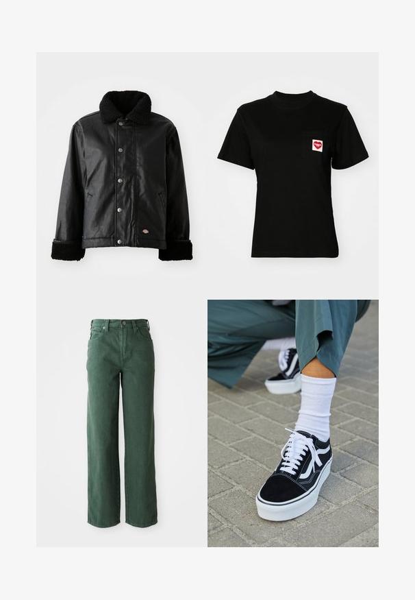 Schwarze Lederjacke mit einem Lammfellkragen, Druckknopfverschluss, Seitentaschen und weich strukturierten Bündchen. Mit Markenlogo-Patch.; Schwarzes Baumwoll-T-Shirt mit Rundhalsausschnitt und kurzen Ärmeln. Verfügt über eine Brusttasche mit einem roten Herz-Logo und weißem Text.; Grüne weit geschnittene Jeans aus Denim. Sie verfügen über eine hohe Taille, gerade Beine, Fronttaschen und einen Metallknopfverschluss.; Schwarze Wildledersneaker mit weißen Akzenten und Schnürsenkeln, ausgestattet mit einer dicken weißen Sohle und kontrastierenden Nähten, kombiniert mit einer weißen Socke.
