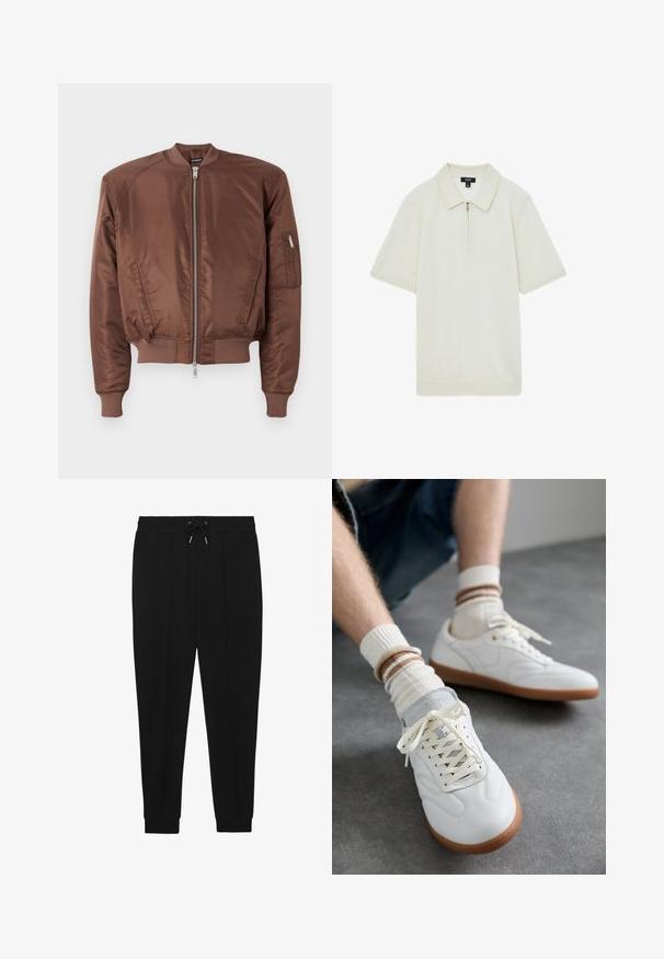Chaqueta bomber marrón hecha de una tela suave, con cierre de cremallera en la parte delantera, puños acanalados, bolsillos laterales y un bolsillo adicional con cremallera en la manga.; Polo con cremallera en color crema, hecho de una tela suave, presenta un cuello puntiagudo, mangas cortas y un dobladillo recto.; Pantalones deportivos negros con cintura ajustable, piernas ajustadas y puños acanalados. Hechos de una tela suave con una textura lisa.; Zapatillas de cuero blanco con una textura suave, detalles en gamuza gris, suelas de goma beige y cordones planos. Combinadas con calcetines a rayas en tonos crema y marrón.