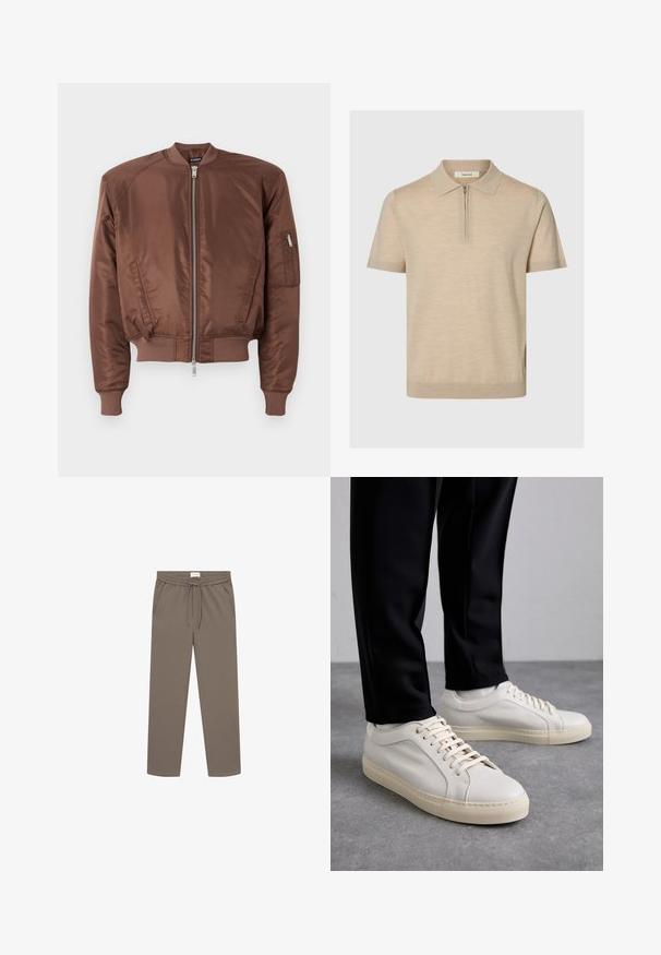 Brun bomberjakke lavet af glat stof, med lynlåsfortil, ribbet manchetter, sidelommer og en ekstra lynlåslomme på ærmet.; Beige polo-shirt med korte ærmer, lynlås i kraven og tætsiddende kant, lavet af let strikstof.; Les Deux COMO TAPERED DRAWSTRING PANTS - Bukser - bungee cord; Lys beige lædersneakers med flade snørebånd, en tekstureret overflade og en kontrasterende cremelilla gummisål, båret med sorte tapered bukser.