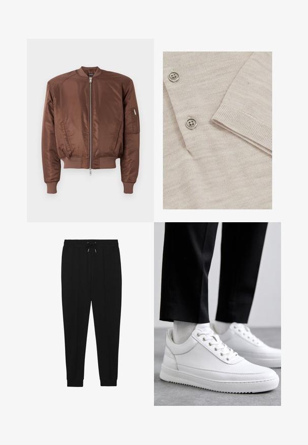 Chaqueta bomber marrón hecha de una tela suave, con cierre de cremallera en la parte delantera, puños acanalados, bolsillos laterales y un bolsillo adicional con cremallera en la manga.; Cardigan beige claro con una textura de punto fino. Presenta tres botones metálicos y puños acanalados para un acabado estructurado.; Pantalones deportivos negros con cintura ajustable, piernas ajustadas y puños acanalados. Hechos de una tela suave con una textura lisa.; Zapatillas de cuero blanco con una suela de goma plana, que presentan un acabado suave, punta redonda y ojetes de metal para los cordones. Llevadas con pantalones negros.