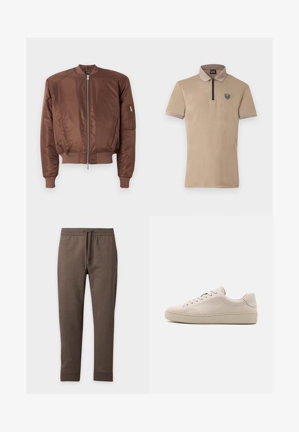 Brun bomberjakke lavet af glat stof, med lynlåsfortil, ribbet manchetter, sidelommer og en ekstra lynlåslomme på ærmet.; Beige polo-shirt med kort lynlås, sorte detaljer og et logopatch på venstre bryst. Fremstillet i blødt, glat stof med en kontrastfarvet krave.; Brune, tilspidsede joggingbukser med elastisk linning og snøre, vist fladt på en lys baggrund.; Beige lædersneakers med en glat finish, rund tå, flad sål og klassisk snøredesign. Subtile syninger og struktureret ydersål.