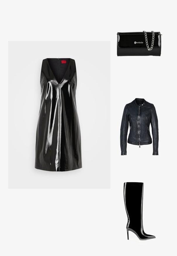 Chaqueta de cuero negra con cremallera frontal, cuello vuelto, bolsillos laterales con cremallera y costuras detalladas en las mangas y el cuerpo.; Vestido negro sin mangas con escote en V y acabado brillante y reflectante; presenta una cremallera central y un diseño minimalista.; Bota negra de charol hasta la rodilla con punta afilada y tacón de aguja, acabado elegante y brillante.; Clutch de charol negro con una cadena plateada, que presenta un cierre de solapa y un detalle de logo en la parte frontal. Forma rectangular.