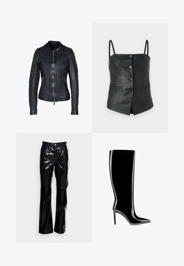 Schwarze Lederjacke mit Frontreißverschluss, Stehkragen, seitlichen Reißverschlusstaschen und detaillierten Nähten an Ärmeln und Körper.; Schwarzes ärmelloses Lederoberteil mit vier vorderen Knöpfen, dünnen Trägern und zwei horizontalen Taschenklappen auf einem schlichten weißen Hintergrund.; Monki Stoffhose - black dark; Schwarzer kniehoher Stiefel aus Lackleder mit spitzer Zehenpartie und Stilettabsatz, schlanker und glänzender Oberfläche.