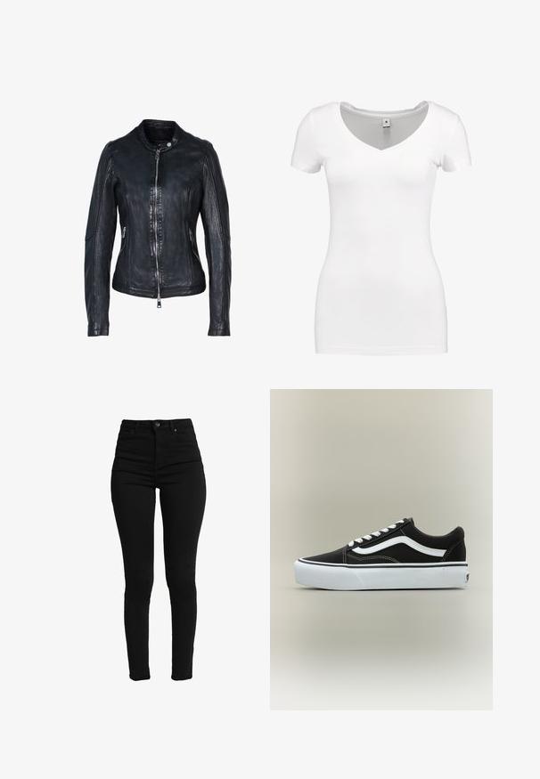 Zwarte leren jas met een ritssluiting aan de voorkant, opstaande kraag, ritssluitingen aan de zijkanten en gedetailleerd stiksel op de mouwen en het lijf.; G-STAR BASE - T-shirt basic - white; Zwarte high-waisted skinny jeans van rekbare denim, met een knoopsluiting aan de voorkant, rits en vijf functionele zakken.; Lage zwarte sneaker met witte zijstreep, witte veters, witte rubberen zool en gestructureerde neus op een neutrale achtergrond.