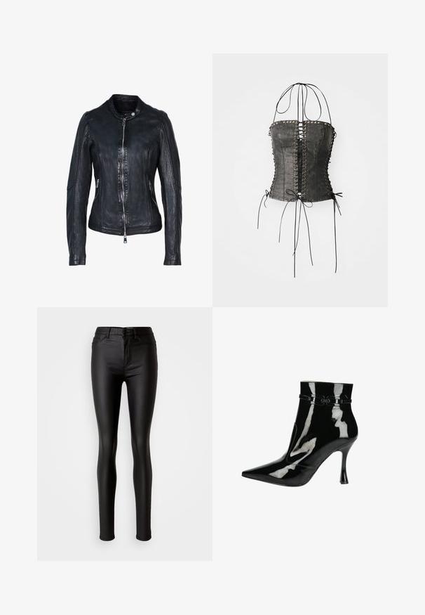 Chaqueta de cuero negra con cremallera frontal, cuello vuelto, bolsillos laterales con cremallera y costuras detalladas en las mangas y el cuerpo.; Jaded London LONGLINE LACE UP HALTER CORSET - Top - black; Jeans skinny de imitación cuero negro con una textura suave, cintura alta, cierre de botón y diseño tradicional de cinco bolsillos.; Botín de charol negro con puntera afilada, acabado brillante, diseño elegante y tacón de aguja estrecho. Detalles decorativos en las correas.