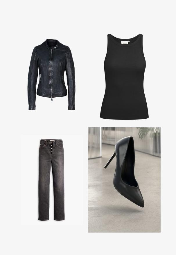 Schwarze Lederjacke mit Frontreißverschluss, Stehkragen, seitlichen Reißverschlusstaschen und detaillierten Nähten an Ärmeln und Körper.; Schwarzes Tanktop aus Rippstoff mit Rundhalsausschnitt und figurbetonter Passform. Flache Nähte und keine Verzierungen. Einfaches und elegantes Design.; Schwarze hochgeschnittene Jeans mit geradem Bein, aus Denim gefertigt. Verfügt über einen Knopfverschluss, Kupferakzente und Kontrastnähte.; Schwarzer Leder-Pump mit hochhackigem Absatz und spitz zulaufender Zehenpartie, elegantes Design ohne sichtbare Beschläge. Glatte Textur und minimalistischer Stil.