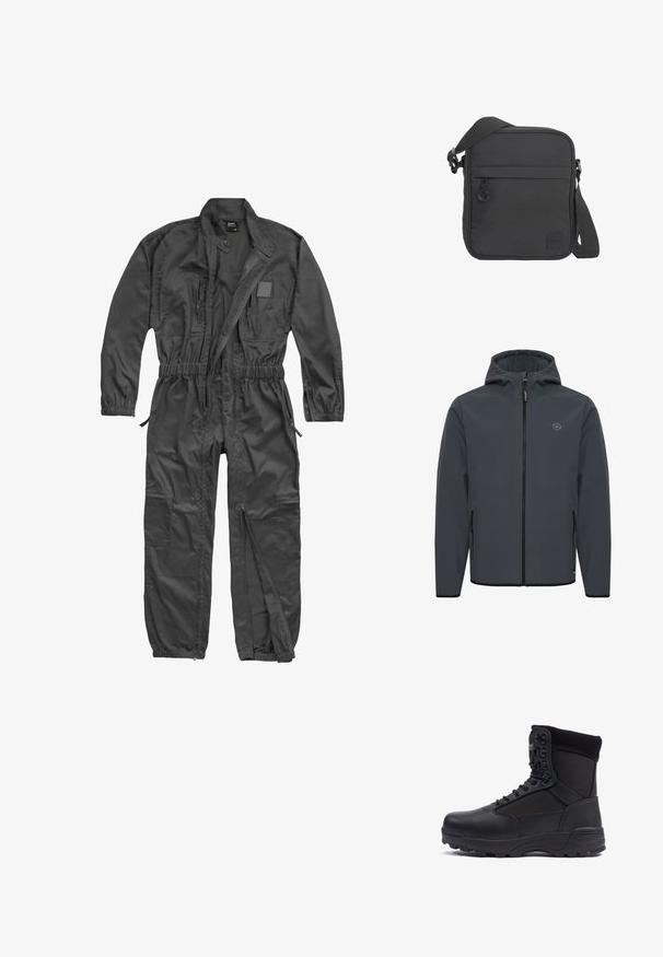 Chaqueta con capucha en gris oscuro, fabricada en un tejido suave y resistente a las inclemencias del tiempo. Presenta un cierre frontal con cremallera, bolsillos laterales y un acento de logo minimalista.; Mono negro de manga larga con cremallera frontal, cintura y puños elásticos, múltiples bolsillos con cremallera y cuello mao con botón a presión.; Bota táctica negra con parte superior de piel lisa y paneles de tela, diseño de tobillo alto, cierre con cordones y suela de goma resistente.; Bolso bandolera cuadrado negro con correa de hombro ajustable, bolsillo frontal con cremallera y pequeño parche de logo cosido en la esquina inferior derecha.