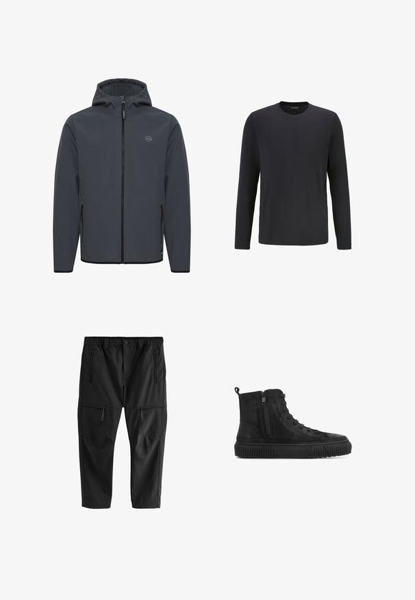 Chaqueta con capucha en gris oscuro, fabricada en un tejido suave y resistente a las inclemencias del tiempo. Presenta un cierre frontal con cremallera, bolsillos laterales y un acento de logo minimalista.; Camiseta negra de manga larga hecha de algodón suave, con un cuello redondo y un diseño simple y recto.; Pantalones negros ligeros con cinturilla elástica, dos bolsillos laterales con cremallera y dos bolsillos cargo con cremallera. Textura suave y corte recto.; Botas altas negras de cuero texturizado, con cremallera lateral, cordones en la parte frontal y suela de goma estriada.