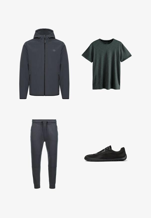 Hooded jack in donkergrijs, gemaakt van glad, weersbestendig materiaal. Voorzien van een voorrits, zijvakjes en een minimalistische logo-accent.; Donkergrijze T-shirt gemaakt van zachte, gestructureerde stof. Beschikt over een klassieke ronde hals en korte mouwen met een subtiel patroon. Geen zichtbare logo's.; Donkergrijze sweatpants van zacht materiaal, met een tailleband met trekkoord, twee zijzakken met rits en paneeldetails op de benen.; Zwarte lage sneaker met mesh bovenwerk, vetersluiting en flexibele rubberen zool, zijaanzicht op witte achtergrond.