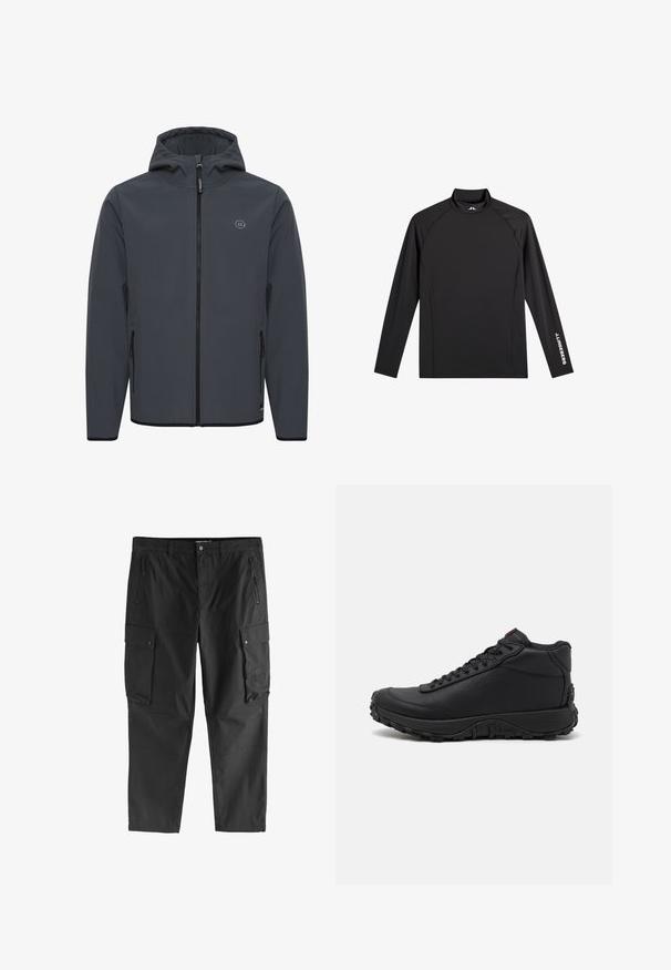 Chaqueta con capucha en gris oscuro, fabricada en un tejido suave y resistente a las inclemencias del tiempo. Presenta un cierre frontal con cremallera, bolsillos laterales y un acento de logo minimalista.; Camiseta negra deportiva de manga larga con cuello alto falso, corte ajustado y logo blanco "J.Lindeberg" en la manga izquierda y el cuello.; Pantalones cargo negros con bolsillos frontales con cremallera, bolsillos laterales con solapa y botón, y trabillas para cinturón, exhibidos sobre un fondo blanco.; Zapatillas altas negras hechas de cuero texturizado, con suela de goma gruesa con patrones de tracción y diseño de cordones. Acabado en rojo en la lengüeta.