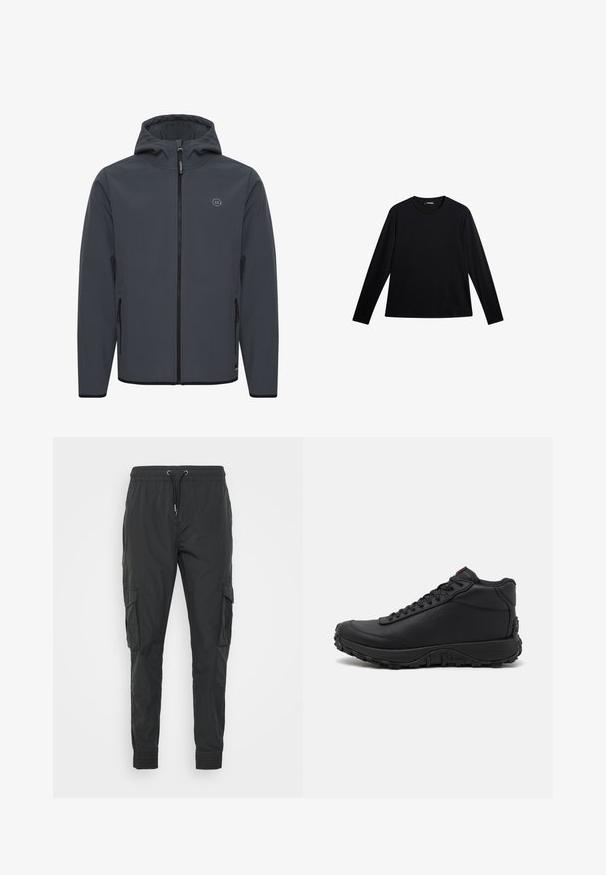 Hooded jack in donkergrijs, gemaakt van glad, weersbestendig materiaal. Voorzien van een voorrits, zijvakjes en een minimalistische logo-accent.; Zwart langslijks T-shirt van gladde stof, met een ronde hals en een subtiele logo op de voorkant, met een relaxte pasvorm.; Zwarte cargobroek van lichtgewicht stof, met een verstelbare trekkoord taille, elastische manchetten en twee zijzakken.; Zwarte high-top sneakers van gestructureerd leer, voorzien van een dikke rubberen zool met grippatronen en een vetersluiting. Rode accenten op de tong.