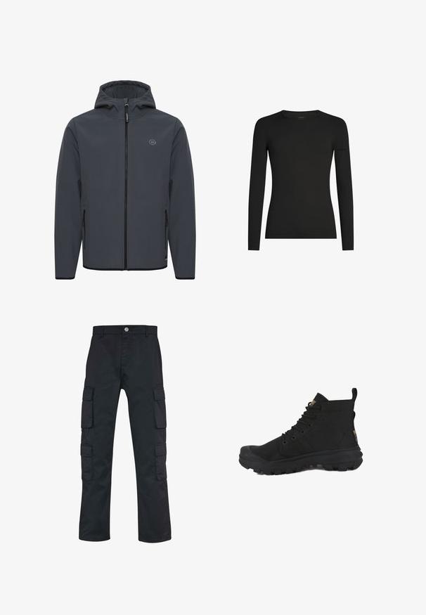 Chaqueta con capucha en gris oscuro, fabricada en un tejido suave y resistente a las inclemencias del tiempo. Presenta un cierre frontal con cremallera, bolsillos laterales y un acento de logo minimalista.; Camiseta negra de manga larga ajustada con cuello redondo y un sutil logo de Icebreaker en la manga izquierda, mostrada sobre un fondo blanco.; Pantalones cargo negros con un diseño de pierna recta, hechos de un tejido duradero. Incluye múltiples bolsillos laterales y un cierre de botón.; Zapatos altos negros con parte superior de lona texturizada, suela de goma y cuello acolchado. Presentan ojales de metal y una lengüeta trasera para tirar.