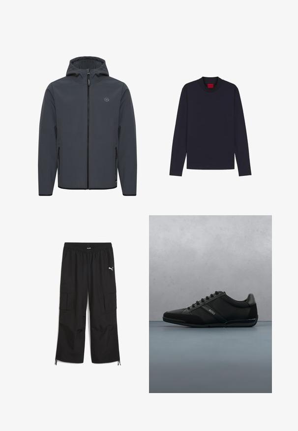 Chaqueta con capucha en gris oscuro, fabricada en un tejido suave y resistente a las inclemencias del tiempo. Presenta un cierre frontal con cremallera, bolsillos laterales y un acento de logo minimalista.; Camiseta de manga larga azul marino hecha de algodón, con un cuello redondo y una etiqueta con la palabra 'HUGO' en rojo. Textura sencilla y lisa sin estampados.; Pantalones cargo negros con cinturilla elástica, dos bolsillos laterales y un logo de PUMA en blanco en la parte superior de la pierna izquierda. Puños ajustables en el dobladillo.; Zapatilla deportiva negra con una mezcla de materiales lisos y texturizados, que presenta una puntera redondeada, diseño con cordones y un sutil logotipo en el costado.