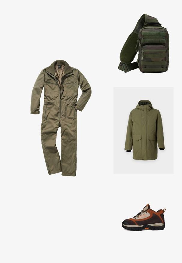 Oliven grøn parka med hætte, der har to forreste lomme med lap, en lige pasform og sorte elastiske manchetter. Fremstillet af tekstureret, slidstærkt stof.; Oliven grønt jumpsuit lavet af holdbart stof, med lynlås foran, ribbet krave og flere lynlåslommer på brystet og siderne.; Brun og beige vandresko med sort sål, metaløjer, bånd ved hælen og "DC SHOE CO USA" branding på siden.; Grøn camouflage sling rygsæk med flere lynlåslommer, en justerbar rem og et netpanel på ryggen for ventilation.