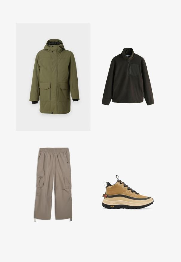 Oliven grøn parka med hætte, der har to forreste lomme med lap, en lige pasform og sorte elastiske manchetter. Fremstillet af tekstureret, slidstærkt stof.; Fleece-pullover i mørk olivengrøn med høj krave, lynlås foran og en brystlomme med lynlås. Blød tekstur, afslappet pasform.; Lysebrune cargobukser med elastisk linning, sidelommer med klap, snore ved manchetterne og et lille Puma-logo på højre lår.; Tanfarvet højt snøresko med tekstureret finish, markant sort ydersål og orange accenter. Har snøresystem og polstret krave for støtte.