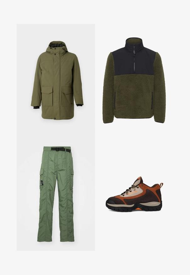 Oliven grøn parka med hætte, der har to forreste lomme med lap, en lige pasform og sorte elastiske manchetter. Fremstillet af tekstureret, slidstærkt stof.; Fleece pullover i olivengrøn med en sort nylon brystpanel. Har en høj krave, en halv lynlås lukning og sidelommer.; Cargo bukser i olivengrøn, lavet af let materiale. Har et sort bælte, cargo-lommer på siderne og syningsdetaljer.; Brun og beige vandresko med sort sål, metaløjer, bånd ved hælen og "DC SHOE CO USA" branding på siden.