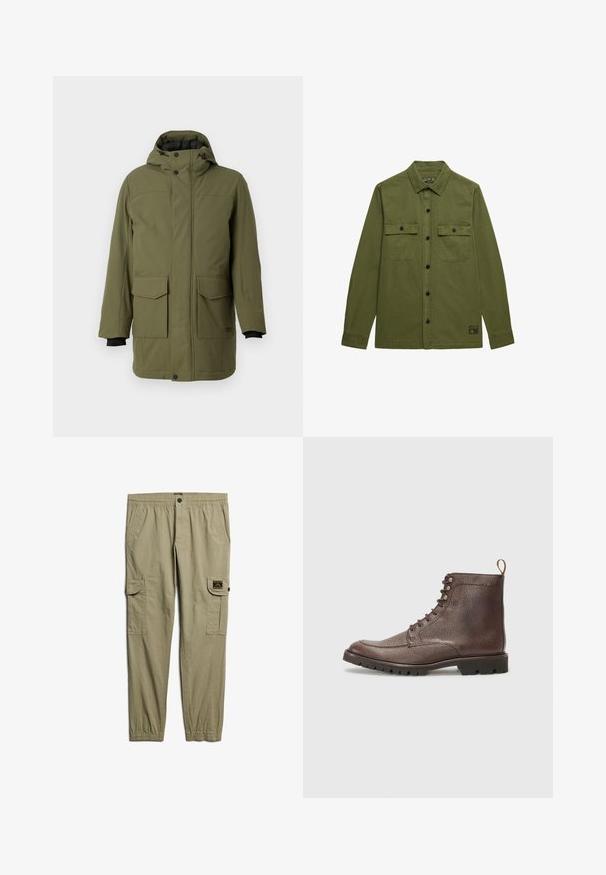 Oliven grøn parka med hætte, der har to forreste lomme med lap, en lige pasform og sorte elastiske manchetter. Fremstillet af tekstureret, slidstærkt stof.; Herre olivengrøn skjorte med knapper, to brystlommer med klapper og sorte knapper, lange ærmer og et lille mærke nær kanten.; Beige cargo bukser med elastisk taljebånd og cuffs, to sidelommer, to klaplommer på lårene og en sort knaplukning.; Hackett London SLOANE APRON - Snørestøvletter - dark mocca brown