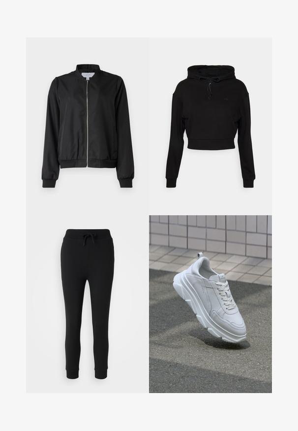 Sort bomberjakke med lynlås fortil, rund krave, elastiske ærmer og talje. Fremstillet af glat stof med sidelommer.; Even&Odd active Hættetrøje - black; Even&Odd Petite Træningsbukser - black; Hvide lædersneakers med en tyk, tekstureret gummisål, der har snørebåndslukning og syninger. Rund tå og design med ankelstøtte.
