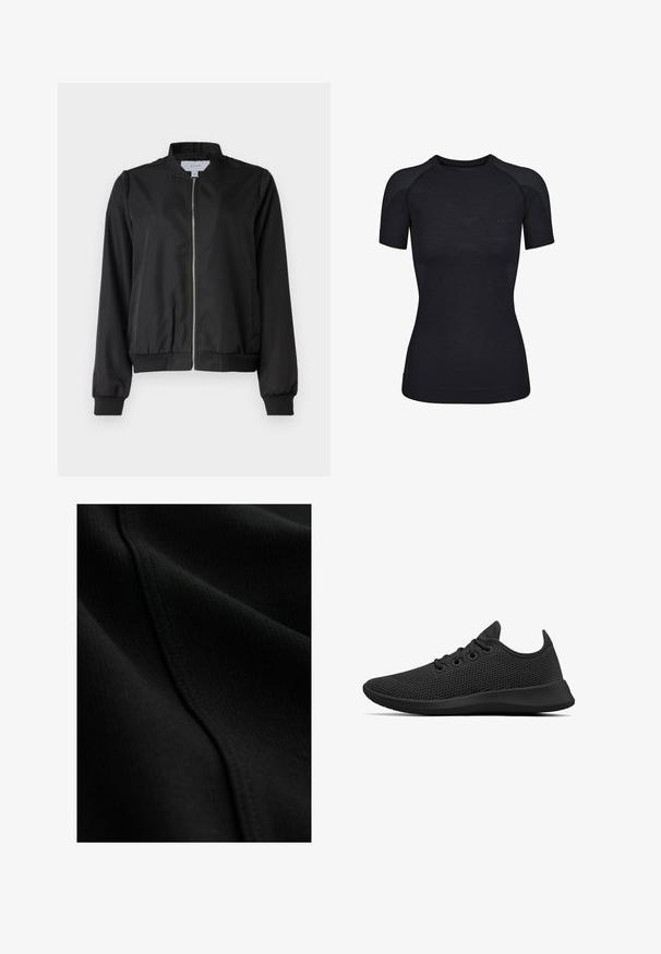 Chaqueta bomber negra con cierre frontal de cremallera, cuello redondeado, puños elásticos y cinturilla. Fabricada con un tejido suave y con bolsillos laterales.; Camiseta deportiva negra ajustada de manga corta con patrones texturizados sutiles en los hombros y los laterales, cuello redondo y tejido suave.; Tela negra con textura acanalada, que presenta detalles sutiles de costura y pliegues suaves y fluidos. Material fino y ligero.; Allbirds TREE RUNNERS - Zapatillas - jet black