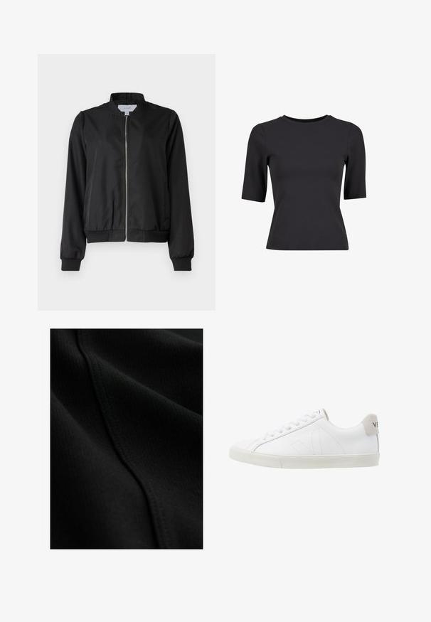Schwarze Bomberjacke mit Reißverschluss vorne, rundem Kragen, elastischen Bündchen und Saum. Hergestellt aus glattem Stoff mit seitlichen Taschen.; Schwarzes Kurzarmoberteil aus glattem Stoff mit rundem Halsausschnitt und taillierter Form, das ein minimalistisches Design ohne sichtbare Muster aufweist.; Schwarzer Stoff mit gerippter Textur, der dezente Stepp-Details und glatte, fließende Falten aufweist. Dünnes und leichtes Material.; Weiße Ledersneaker mit einer strukturierten, cremefarbenen Gummisohle. Zu den Merkmalen gehören Schnürsenkel, dezente Nähte und ein grauer Wildleder-Hackeneinsatz.