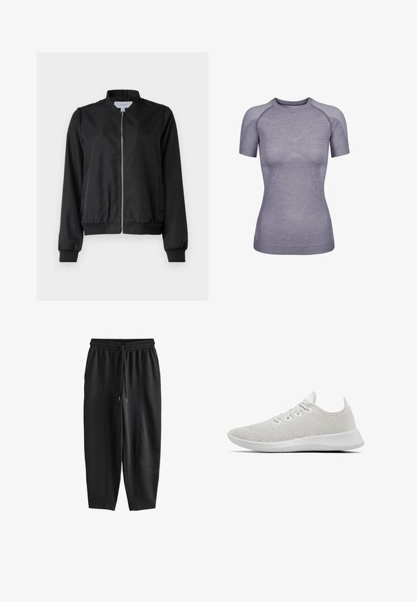 Schwarze Bomberjacke mit Reißverschluss vorne, rundem Kragen, elastischen Bündchen und Saum. Hergestellt aus glattem Stoff mit seitlichen Taschen.; Eng anliegendes graues Sportshirt mit kurzen Ärmeln, Rundhalsausschnitt und dezenten Streifendetails an Schultern und Ärmeln, für Frauen entworfen.; Schwarze, zulaufende Jogginghosen mit elastischem Bund und Kordelzug, mit Nahtdetails auf der Vorderseite und weiter Passform.; Allbirds TREE RUNNERS - Sneaker low - kaikoura white (white sole)