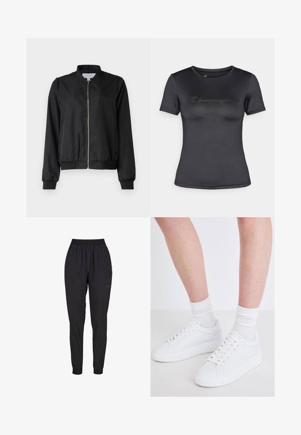 Zwarte bomberjack met een ritssluiting aan de voorkant, ronde kraag, elastische manchetten en tailleband. Gemaakt van gladde stof met zijzakken.; Zwart T-shirt met korte mouwen gemaakt van gladde stof, met een subtiel geperst "Champion" logo op de borst en een ronde halslijn.; Zwarte elastische broek met gathered cuffs, een rechte pijpdesign, gemaakt van lichtgewicht materiaal, met een subtiele logo aan de zijkant.; Copenhagen Studios CPH72 - Sneakers laag - white