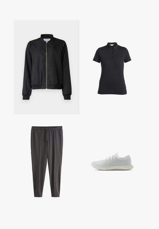 Schwarze Bomberjacke mit Reißverschluss vorne, rundem Kragen, elastischen Bündchen und Saum. Hergestellt aus glattem Stoff mit seitlichen Taschen.; Schwarzes Polohemd aus glattem Stoff, mit Kragen, drei Knöpfen und kurzen Ärmeln. Einfaches Design, ohne Muster oder Akzente.; Dunkelgraue Freizeithose mit elastischem Bund und Kordelzug, schmal zulaufende Beine, aus weichem Stoff.; Allbirds Sneaker low - blizzard sole