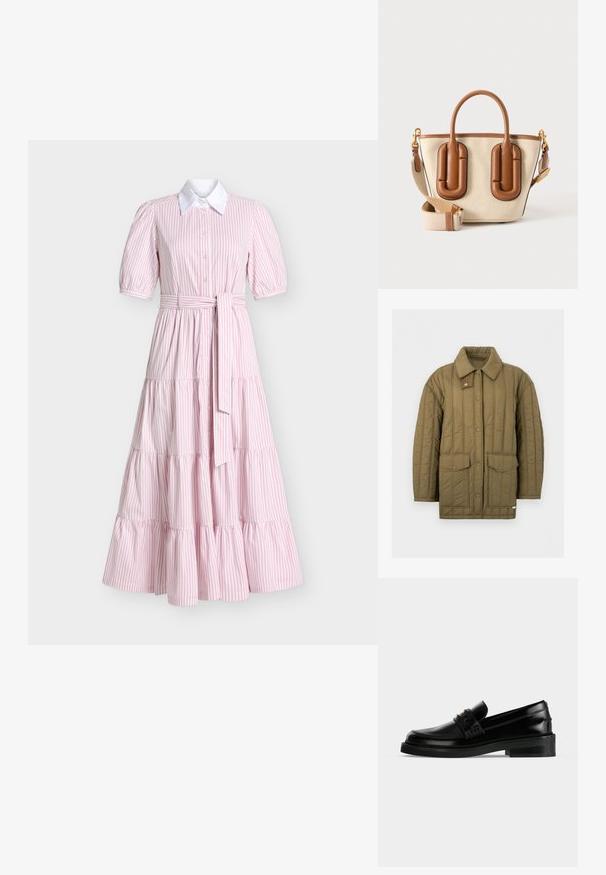 Veste matelassée vert olive avec fermeture frontale à boutons-pression, deux grandes poches à rabat et un large col avec une languette supplémentaire à bouton-pression.; Robe mi-longue à rayures verticales roses et blanches avec manches courtes bouffantes, col blanc, fermeture à boutons sur le devant, et ceinture assortie en tissu à la taille.; Mocassin en cuir noir poli avec un petit talon carré, surpiqûres moc toe et une bride décorative sur le dessus.; Sac à main en toile beige avec poignées et détails en cuir marron, doté d'une bandoulière amovible en tissu beige avec ferrures dorées.