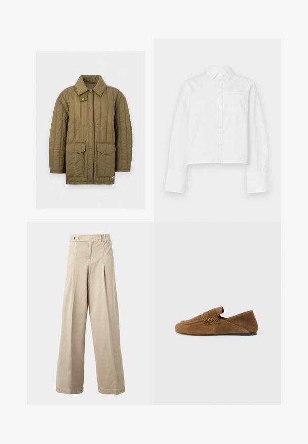 Veste matelassée vert olive avec fermeture frontale à boutons-pression, deux grandes poches à rabat et un large col avec une languette supplémentaire à bouton-pression.; Chemise blanche courte en coton. Caractéristiques : col classique, manches longues, boutons sur le devant et poche poitrine gauche.; Pantalon beige taille haute à jambes larges avec passants de ceinture, plis à l’avant et poches latérales, présenté sur un fond clair uni.; Mocassin en daim marron avec une semelle noire plate, des coutures apparentes détaillées et une bride sur le dessus, présenté de profil sur un fond gris clair.