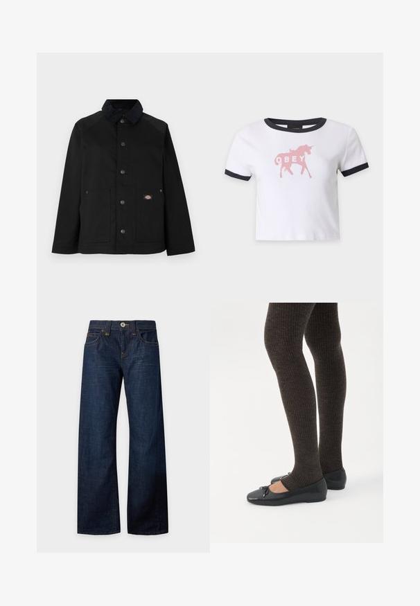 Svart skjortejakke med kordfløyelskrage, to frontlommer og et lite rektangulært logoemblem på høyre lomme.; Hvit crop top med korte ermer med svart kant og en rosa enhjørning-grafikk i midten, med ordet "OBEY" inni enhjørningen.; Mørkeblå jeans med vide ben, knapp og glidelås, lommer foran og bak, beltehemper og kontrastsøm, lagt flatt på hvit bakgrunn.; Bein iført mørke ribbestrikkede leggings kombinert med svarte ballettsko med små sløyfedetaljer på hvit bakgrunn.