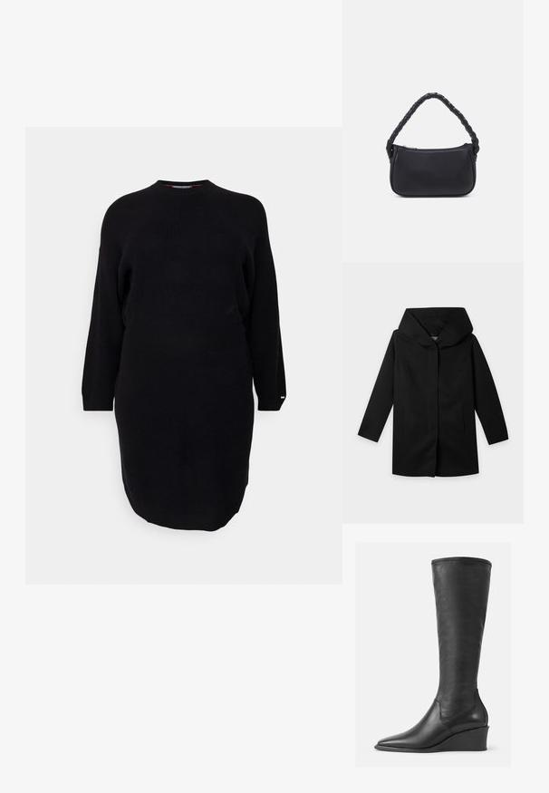 Abrigo negro de manga larga con capucha ancha y estructurada y corte recto, mostrado plano sobre un fondo claro, sin botones ni cremalleras visibles.; Tommy Hilfiger Curve WAISTED DRESS - Vestido de punto - black; Botas de cuero negras hasta la rodilla con una textura suave, puntera afilada y tacón de cuña; presentan un borde cosido en la parte superior.; Bolso negro de forma redondeada, hecho de material liso. Presenta un asa trenzada y un cierre de cremallera para un almacenamiento seguro.