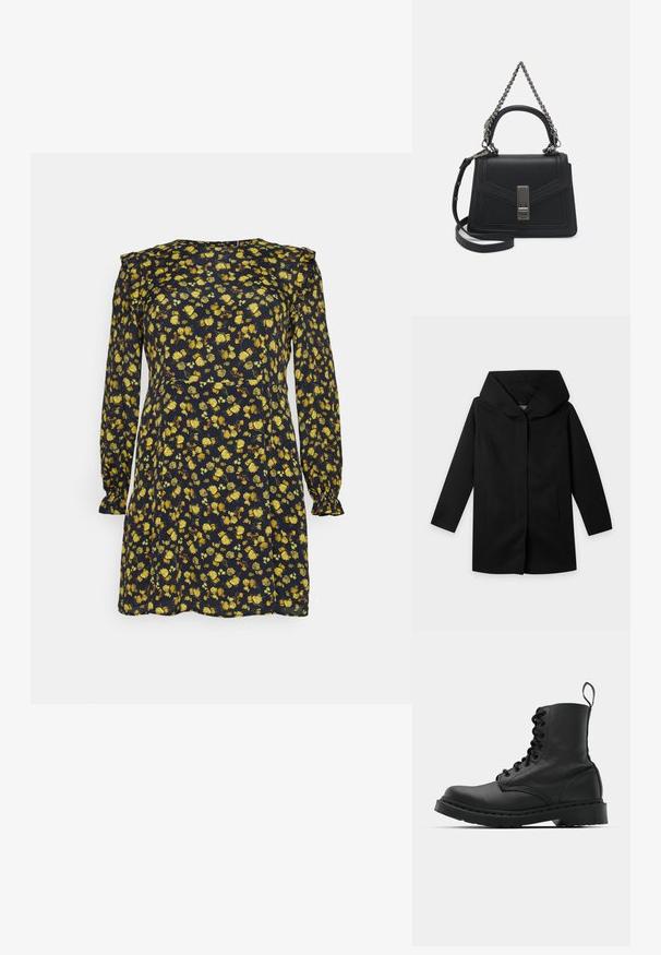 Musta pitkähihainen takki, jossa leveä, jämäkkä huppu ja suora leikkaus, aseteltu tasaisesti vaalealle taustalle, ei näkyviä nappeja tai vetoketjuja.; Tommy Hilfiger Curve MOSS ROSE DRESS - Vapaa-ajan mekko - frosted ditsy; Musta nahkasaapas taisteluun, jossa on pyöreä kärki, nauhakiinnitys etuosassa ja vetolenkki nilkassa. Varustettu paksulla kumipohjalla kestävyystä varten.; Mustakäsineinen käsilaukku, jossa on rakenteellinen muotoilu. Laukussa on metallinen etulukko ja ketjusolki, sileä pinta ja kulmikkaat tikkaus yksityiskohdat.