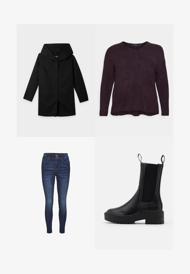 Manteau noir à manches longues, large capuche structurée et coupe droite, présenté à plat sur un fond clair, sans boutons ni fermetures éclair visibles.; Vero Moda Curve V-NECK CURVE - Pullover - winetasting; Jean skinny en denim bleu foncé, avec une taille haute, deux poches avant, deux poches arrière et une fermeture à bouton. Texture lisse avec un léger effet délavé.; Botte de cheville noire avec une finition en cuir lisse, des panneaux latéraux en élasthanne, des languettes de traction et une semelle épaisse et texturée pour une meilleure adhérence.