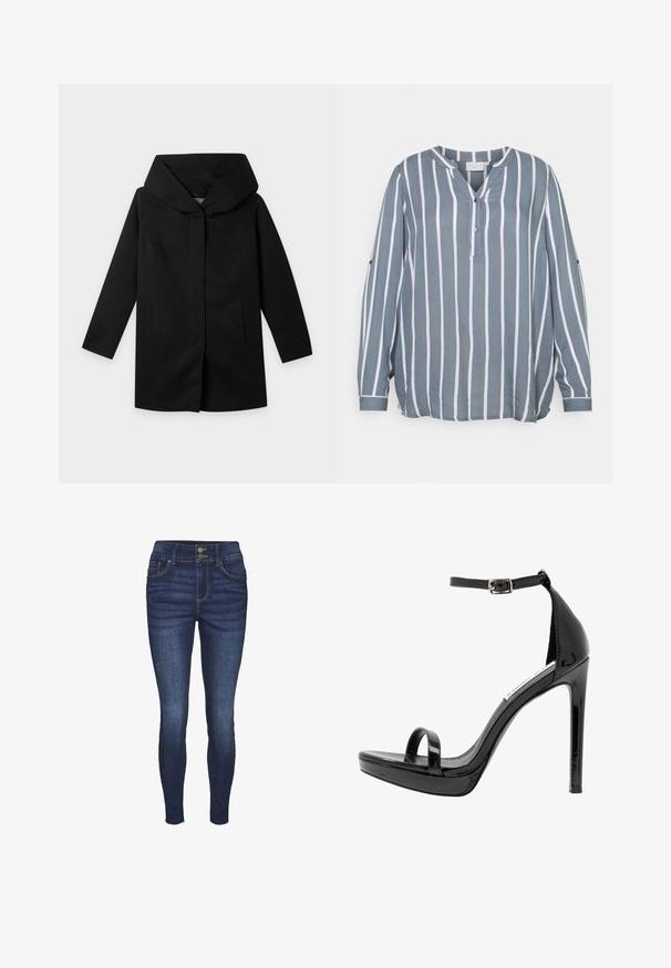Abrigo negro de manga larga con capucha ancha y estructurada y corte recto, mostrado plano sobre un fondo claro, sin botones ni cremalleras visibles.; Blusa de manga larga a rayas azul y blanca con escote en V, tapeta de botones y corte relajado, hecha de una tela ligera con una textura suave.; Vaqueros ajustados de mezclilla azul oscuro, con cintura alta, dos bolsillos delanteros, dos traseros y cierre de botón. Textura suave con un ligero desgaste.; Steve Madden MILANO - Sandalias de tacón - black