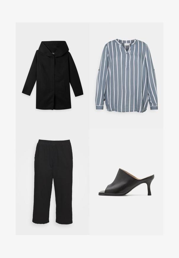 Manteau noir à manches longues, large capuche structurée et coupe droite, présenté à plat sur un fond clair, sans boutons ni fermetures éclair visibles.; Blouse à rayures bleues et blanches à manches longues avec un col en V, un patte de boutonnage et une coupe décontractée, fabriquée dans un tissu léger au toucher doux.; Pantalon à taille élastique noire avec jambes droites et sans poches visibles, présenté à plat sur un fond blanc.; Selected ASHLEY - Mules à talons - black